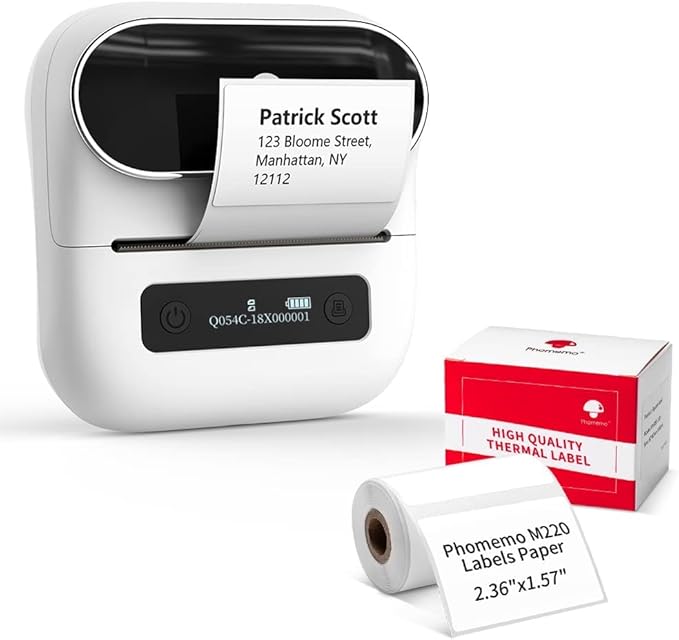 Phomemo M220 Label Maker, Bluetooth Thermal Label Printer, Barcode, Name, Address, Labeling, Mailing, Small Business and More with 1 Roll 40 x 30mm and 1 Rolls 60 x 40mm Label Tapes