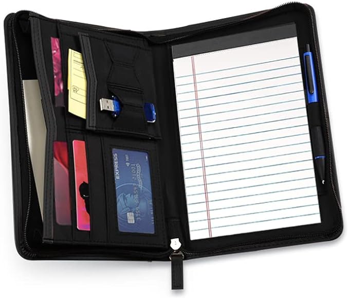 Lcjtop Junior Business Padfolio - A5 PU Leather Portfolio Binder & Zippered Binder Folder with 5 x 8 Writing Pad and Interior Storage Pocket Executive Business Organizer for Men Women,Black