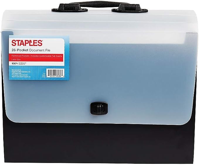 Staples Expanding Case File, 26‑Pocket Accordion Organizer, Letter Size, Heavy‑Duty Poly with Carry Handle & Secure Closure, Black