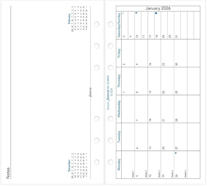 Filofax Calendar Diary Refill, Personal/Compact Size, Month on One Page with Notes, Horizontal, White Paper, English, 2026 (C68405-26)