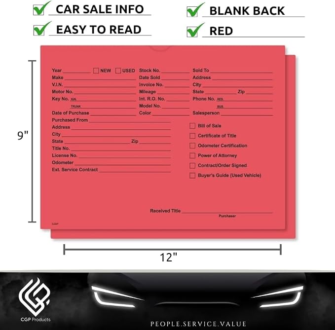 Printed Vehicle Deal Jackets Envelopes Folders for Auto Car Dealerships - 9x12 Size - Dealer Supplies - New and Used Cars - 100 Quantity (Red)