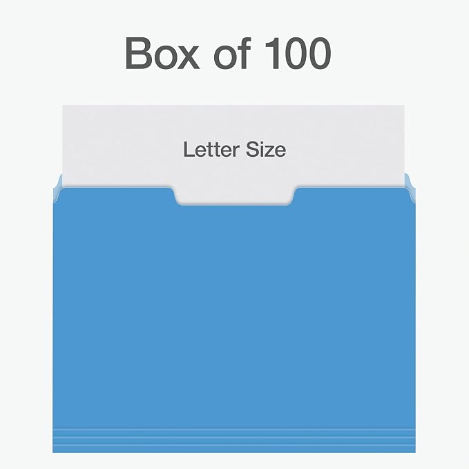 Pendaflex Colored File Folders, 100 Pack, Letter Size (8.5" x 11"), 3 Tabs, Durable Paper, 5 Colors: Blue, Green, Red, Yellow, Orange, Color-Coding for School, Office & Home Document Organization