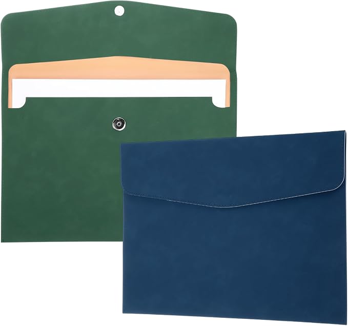 PATIKIL 2Pcs PU Leather File Folders, 13x9 A4 Document Holder Waterproof Envelope Folder with Snap Closure, Portable Portfolio Organizer Case for Paper Receipt, Green/Blue