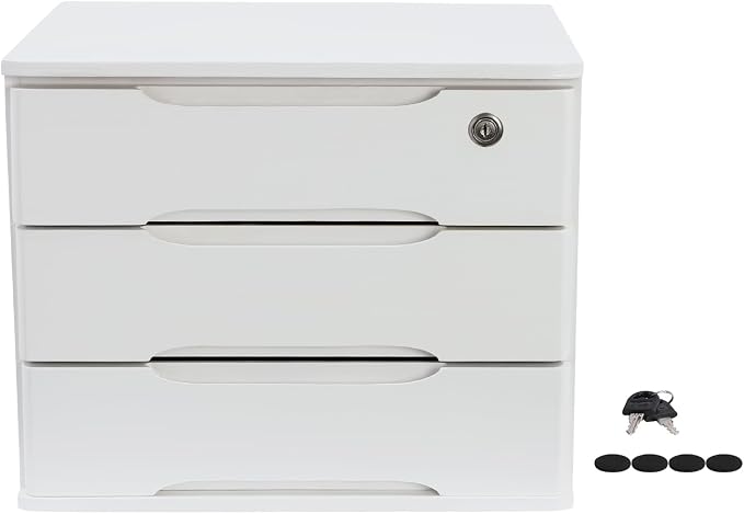 3-Tier Desk Organizer with Lockable Drawers,1 Locks & 2 Keys, Wooden Desktop Storage Box, Categorized Storage Desktop File Cabinet(White)