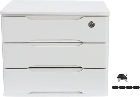 3-Tier Desk Organizer with Lockable Drawers,1 Locks & 2 Keys, Wooden Desktop Storage Box, Categorized Storage Desktop File Cabinet(White)