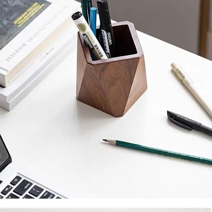 Wooden Pen Holder for Desk, Multi-Functional Pen Cup Pencil Holder for Office School Supplies Storage, Black Walnut Desk Organizer and Accessories（Prismatic）