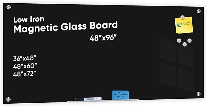 Glass Dry Erase Board for Wall - Magnetic Glass Board with Black Surface - Frameless 48"x96" with Magnets, Markers, Eraser, Marker Tray by Fab Glass and Mirror