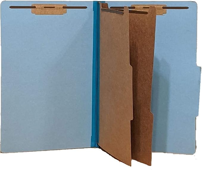 The File King Pressboard Classification Pale Blue Partition File Folder | Legal Size - Box of 10 | Two Dividers | Six 2” Durable Fastener Prongs | 2/5 Cut Top Tab | 2” Expansion