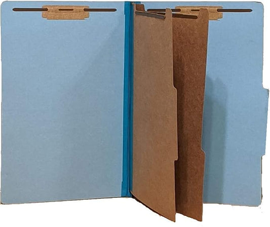 The File King Pressboard Classification Pale Blue Partition File Folder | Legal Size - Box of 10 | Two Dividers | Six 2” Durable Fastener Prongs | 2/5 Cut Top Tab | 2” Expansion