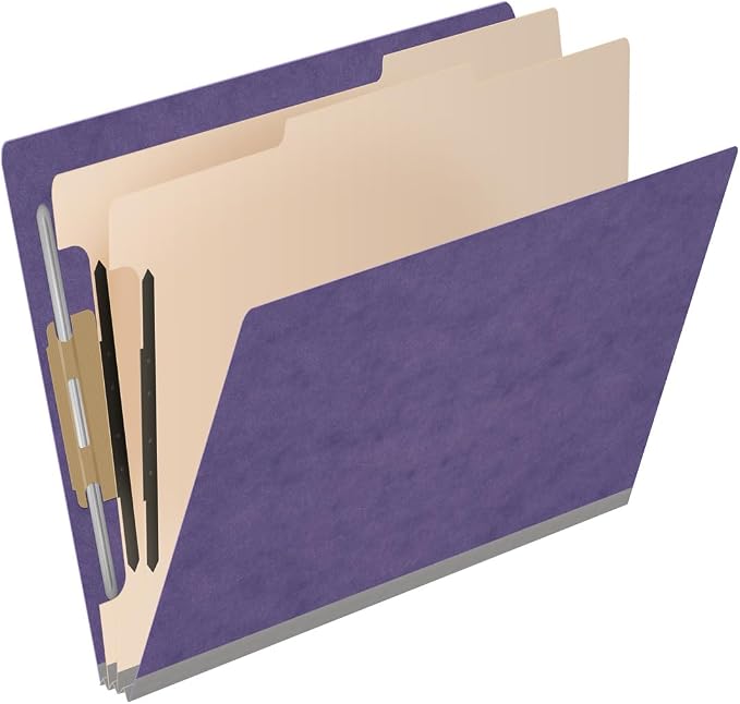 25 Pt. Pressboard Classification Folders, Full Cut End Tab, Letter Size, 2 Dividers, Purple (Box of 10)