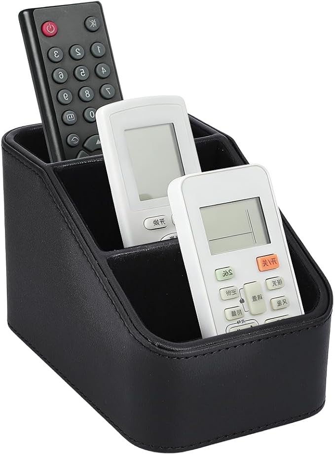 UNICRAFTALE PU Leather Remote Control Holder Organizer 3-Grid Desk Organizer Bedside Table Caddy Remot Organizers for TV Remote Pen Glasses Office Supplies Home Decor Black 6.69x3.94x3.94 Inch