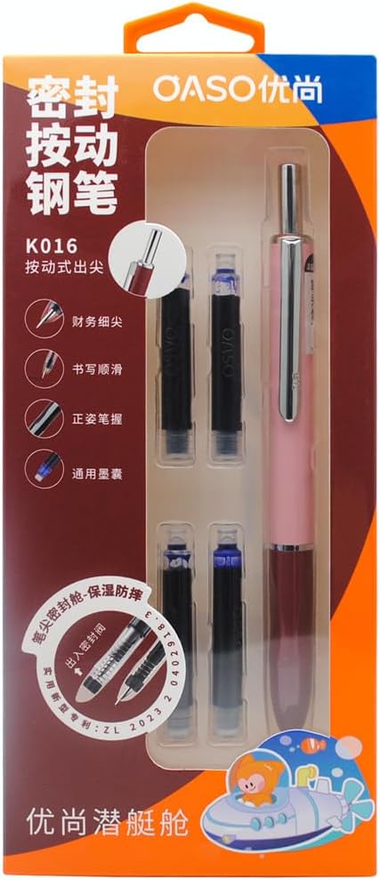 OASO K016 Retractable Fountain Pen Set 0.5mm with 4pcs Blue Ink Cartridges Smooth Writing for School Students (Deep Sea Pink)