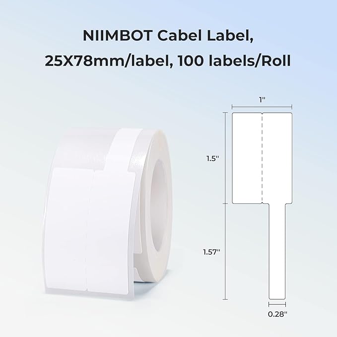 NIIMBOT Cable Label for B1/B21/B2 Label Printer, Waterproof, Oil-Proof Cable Tags(1'' x 3''),1 Roll of 100 Thermal Sticker Labels (White)