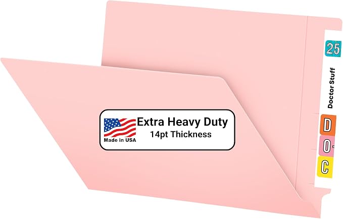 Pink File Folders, Doctor Stuff, Letter Size Reinforced End Tab Folder, 14 pt Stock, Box of 50