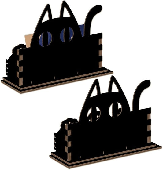 2Pcs Cute Cat Business Card Holder Desk Wooden Business Card Holders Cute Black Cat Name Postcard Organizer Display Stands for Office Desktop Home Shop Tabletop Decor 4.5" x 1.6" x 3.5"