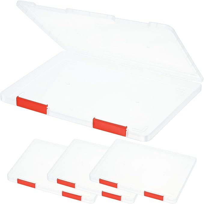 PATIKIL Clear A4 File Portable Project Case with Buckle Plastic Storage Box for 8.5" x 11" Letter Paper Scrapbook Paper Storage Boxes, 4Pcs, 12.2"x9.1"x0.8", Dark Red