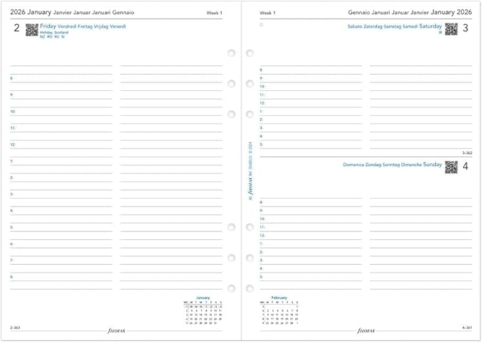 Filofax Calendar Diary Refill, A5 Size, Day on One Page with Appointments, White Paper, Multilingual: Five Languages, 2026 (C68515-26)