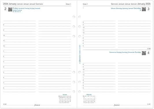 Filofax Calendar Diary Refill, A5 Size, Day on One Page with Appointments, White Paper, Multilingual: Five Languages, 2026 (C68515-26)