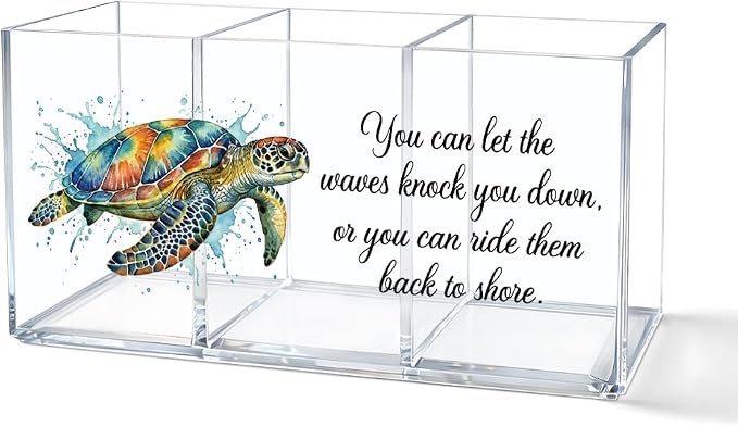 Sea Turtle Acrylic Pen Holder for Desk 3 Compartment, Inspirational Ocean Desk Organizer Decor for Office Home, Back to School Beach Sea Turtle Gifts for Women Men Coworkers Sisters Teachers
