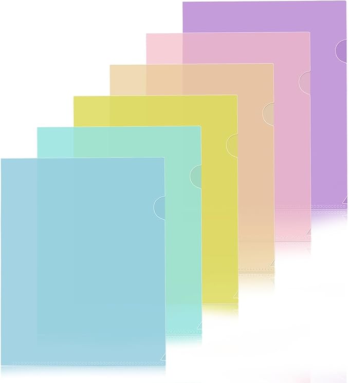 6 Pack Plastic File Folders, Letter Size Clear Project Sleeves for 8.5 x 11 Paper, Assorted Colors Transparent Document Protectors, Acid-Free Poly Jackets for Home, School & Office