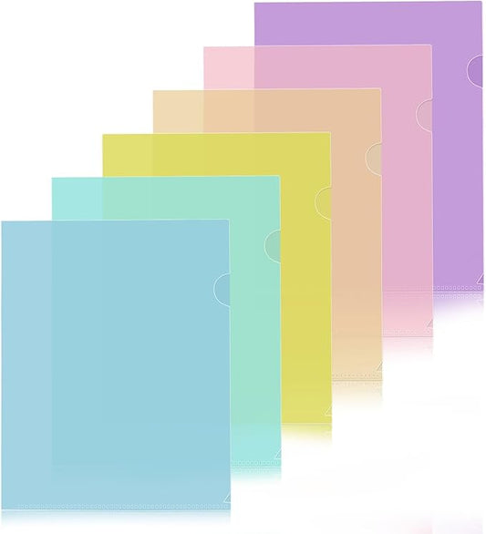 6 Pack Plastic File Folders, Letter Size Clear Project Sleeves for 8.5 x 11 Paper, Assorted Colors Transparent Document Protectors, Acid-Free Poly Jackets for Home, School & Office