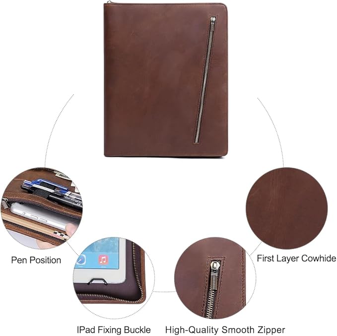 Crazy Horse Leather Portfolio Binder with 3-Zipper, 11-inch iPad Holder Padfolio, Executive Business Organizer for iPad Pro 13, Air 13, Mini, Document Case & Legal Pad Holder for Men & Women