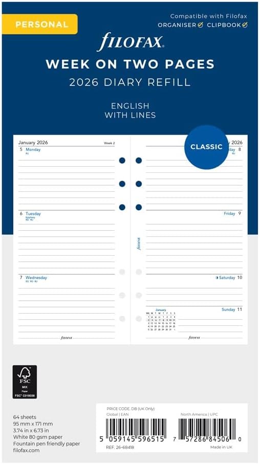 Filofax Calendar Diary Refill, Personal/Compact Size, Week-to-View, White Paper, Ruled, English, 2026 (C68418-26)