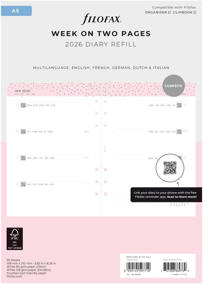 Filofax Calendar Diary Refill, A5 Size, Week-to-View, Confetti Minimal Diary Pack, Multilingual: Five Languages, 2026 (C68591-26)