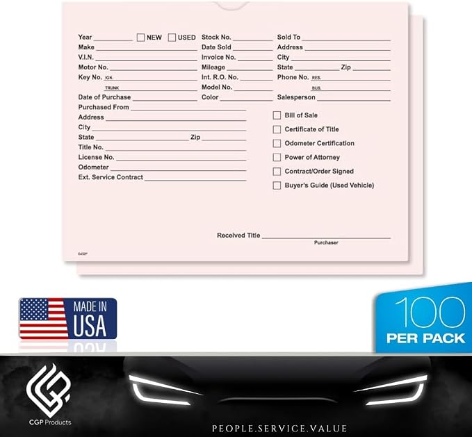Printed Vehicle Deal Jackets Envelopes Folders for Auto Car Dealerships - 9x12 Size - Dealer Supplies - New and Used Cars - 100 Quantity (Pink)