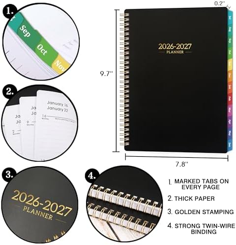 2026-2027 Planner - Calendar/Planner 2026-2027 Weekly and Monthly with Tabs, 8" x 10", Jul. 2026 - Jun. 2027, Flexible Cover + Twin-Wire Binding + Calendars, Daily Organizer - Black