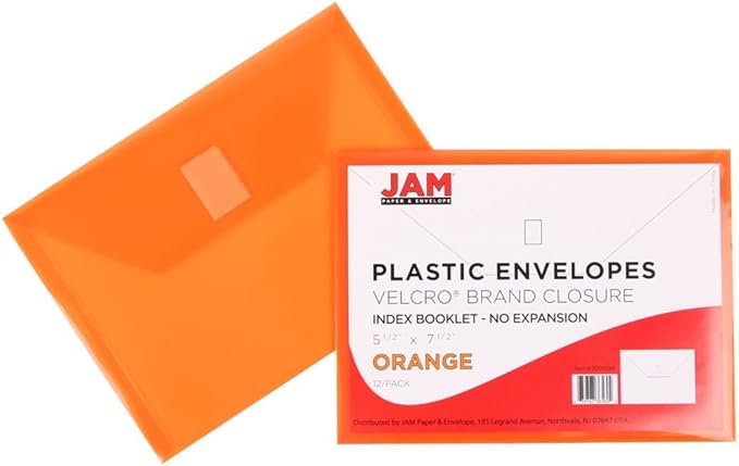 JAM PAPER Plastic Envelopes with Hook & Loop Closure - Index - 5 1/2 x 7 1/2 - Orange - 12/Pack