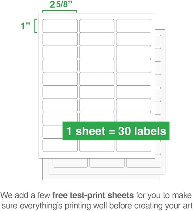 ChromaLabel 1" x 2-5/8" 1 x 2.63 Inch Printable Barcode Labels for Laser and Inkjet Printers, 750 Pack, 25 Sheets