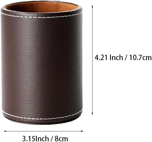 Round Pen Pencil Holder, PU Leather Pencil Cup, Desktop Stationery Organizer, Stand Desk Organizer, Office Accessories Container (Brown)