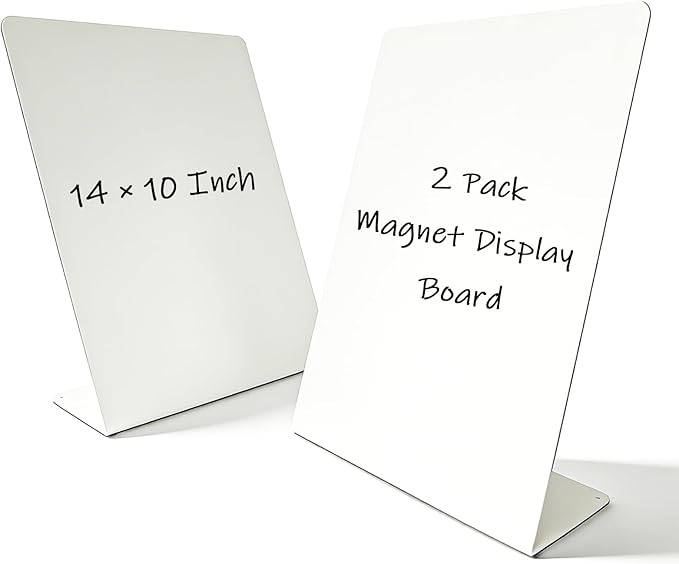 2 Pack Metal White Magnet Display Board, 14" × 10" Anti-slip Magnetic Bulletin Board Tabletop Memo Craft Photo Display Stand Small Business Supplies for Home Office Vendor Booth Events Store Classroom