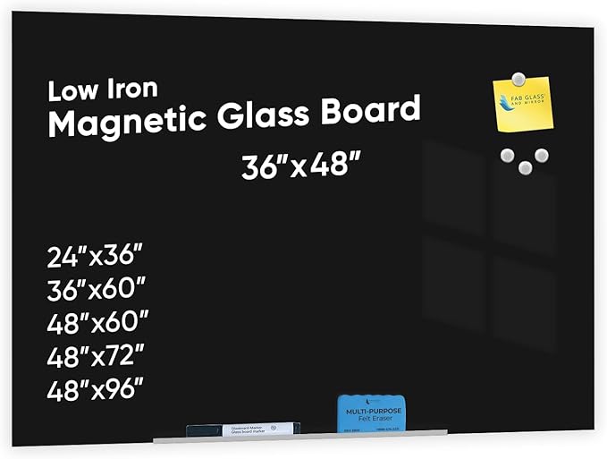 Fab Glass and Mirror Magnetic Black Glass Dry Erase Board 48 in. x 36 in. | 3' x 4' Frameless Floating Wall-Mounted Design with Marker, Eraser, and Magnets
