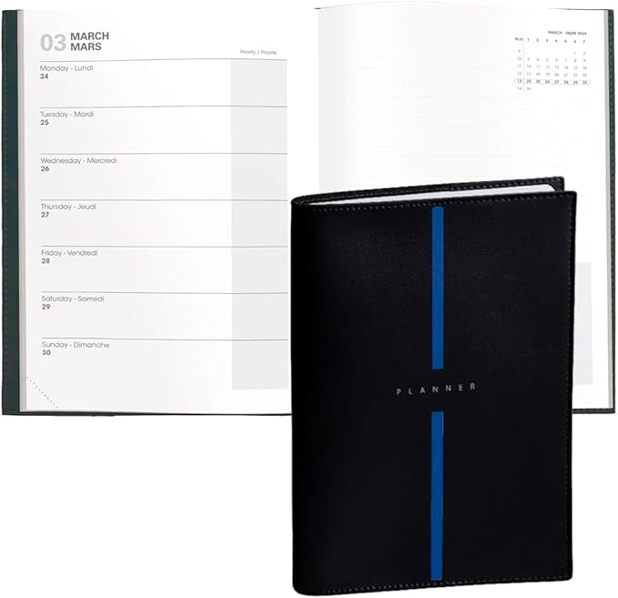 Quo Vadis 2026 Note - Bi-Lingual (EN/FR) - Weekly/Monthly Planner - 16 Months, Sept. 2024 to Dec. 2026 - 6" x 8 1/4" - Grained Faux Leather Billy Black Cover - A Modern Design for Journaling and Detailed Planning
