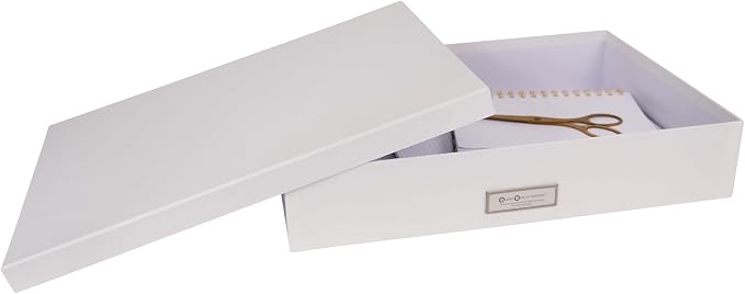 Bigso Sverker Fiberboard Legal and Art Storage Box - Scrapbook Storage Box for Loose Papers and More - Durable Document Boxes with Lid and Metal Label Holder - 17.1 in x 12.2 in x 3.3 in - White