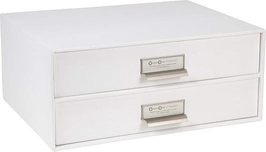 Bigso Box of Sweden Birger 2-Drawer Fiberboard Label Frame Document Letter Box | Desktop Drawers for Loose Papers, Documents & More with Metal Label Holder | 13.1" x 10" x 5.7" | White