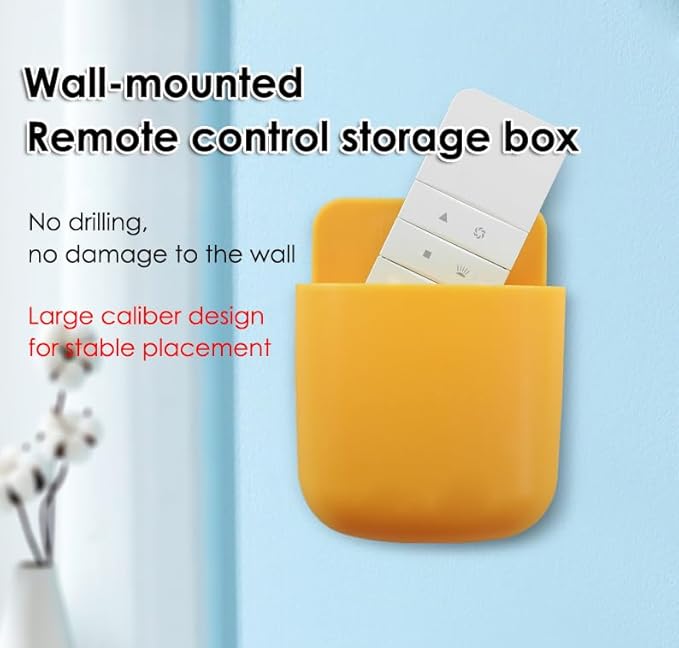 AKOAK Wall-mounted Remote Control Holder, Self-adhesive Wall-mounted Storage Case - Cell Phone, Pen, Makeup Brush, Glasses, Storage Case Next to Desk, Pack of 1 (Yellow)