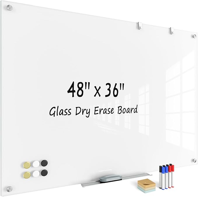 Large Glass Whiteboard, Enhanced Magnetism Glass Dry Erase Board for Wall, 48" x 36" Pure White Tempered Glass Board, 4' x 3' Big White Board for Home, Office, School