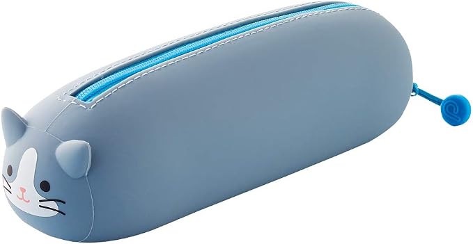 LIHIT LAB PuniLabo Zipper Pen Case/Pouch, Horizontal, 2.5" x 7.9", Gray Cat (A7781-4)