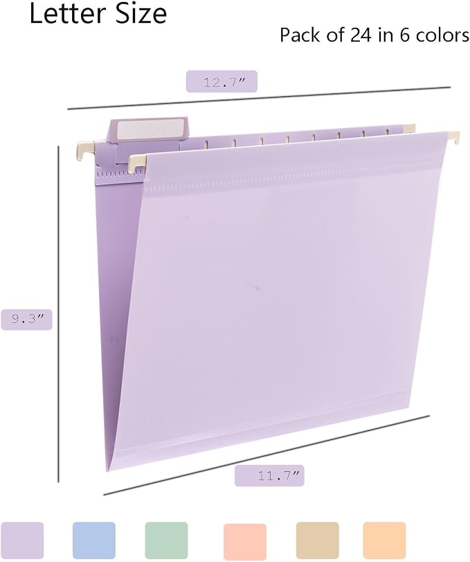 Tear-Resistant Plastic Hanging File Folders Letter Size, 24 Count File Organizer Suitable for File Cabinet Filing Cabinets, 1/5-cut Adjustable Tabs for Office, School