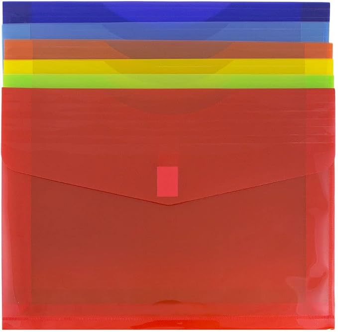 JAM PAPER Plastic Expansion Envelopes with Hook & Loop Closure - Letter Booklet - 9 3/4 x 13 with 2 Inch Expansion - Assorted Colors - 6/Pack