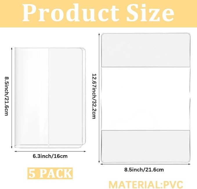 CRASPIRE 5 Pack A5 Clear Cover Transparent Planner Notebook Sleeve 8.7x12.7 Inch Plastic Journal Book PVC Waterproof Rectangle Protector Bag Pouches for Office Textbook Paperback Hardcover Book Lovers