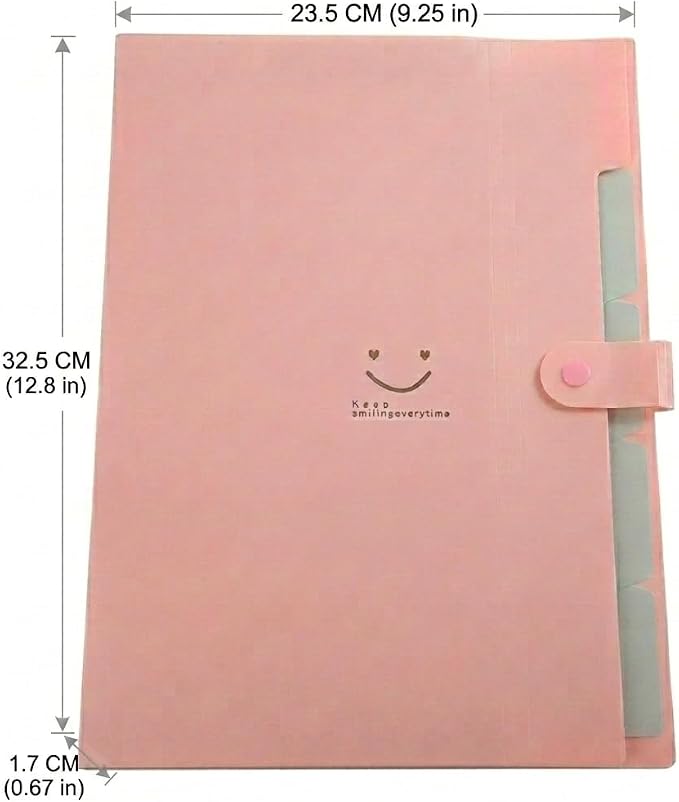 Smile face Expanding File Folder, 5 Pockets Plastic Document Organizer, A4 Letter Size Accordion Folder with Snap Closure, Portable Durable Paper Organizer for Home Office School (Pink)
