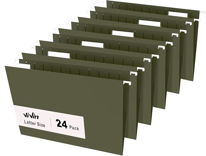 ViVin Hanging File Folders, 1/5-Cut Adjustable Tabs with 24 Per Box, 24 Pack Letter Size Hanging File Folders, Designed for Office Home School Filing Cabinet(Green)