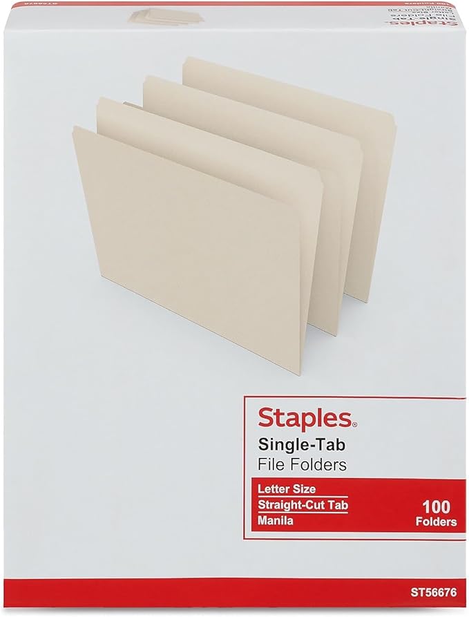 Staples Single‑Tab File Folders, Letter Size, Manila, Durable Paper Stock, 100/Box