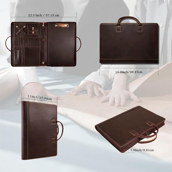 Genuine Leather Portfolio, Padfolio Organizer with Handle, Personalized Padfolio，Padfolio with Zipper for Men Women，Suitable for 15-inch Laptop Legal Pad Padfolio, Dark Brown