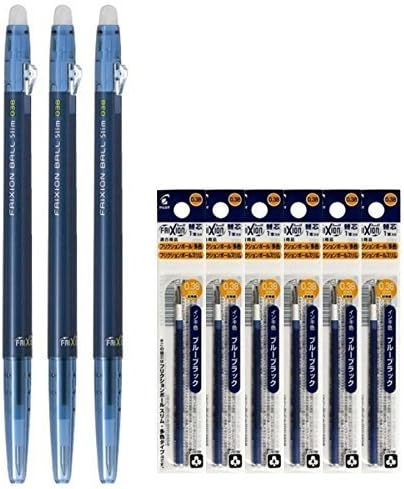 Pilot FriXion Ball Slim 038 Retractable Erasable Gel Ink Pen, Extra Fine Point 0.38mm, Blue Black Ink, 3 Pens & 6 Refills Value Set