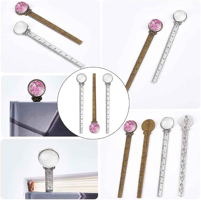 SUNNYCLUE 12Pcs DIY 6 Sets Antique Bronze Bookmark Silver Ruler Bookmarks Set Colorful Dried Flowers Glass Flat Back Cabochons Bookmark Blanks Bezel Tray Vintage Book Marks Making Kit for Reading